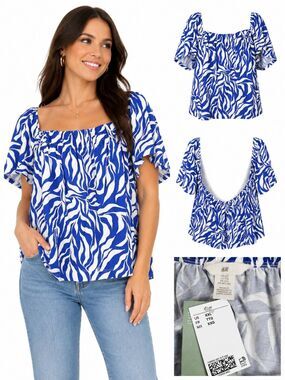 H&M XXL Blue White Zebra Print Square Neck Puff Sleeve Top